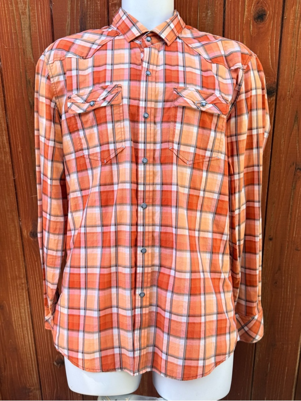 Orange Plaid Button-Up Shirt